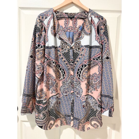 Talbots Woman 2X Paisley Print Blue Pink Black Long Sleeve Button Up Blouse - Picture 1 of 9